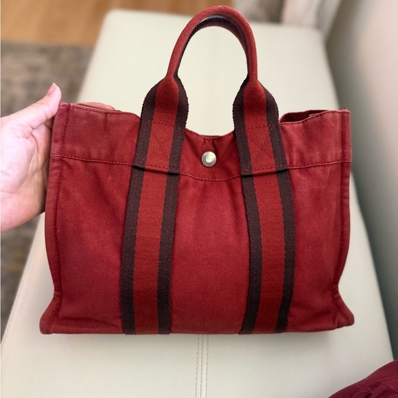 HEREMES Fourre-Tout PM Red Canvas Tote Bag with Stripes - Picture 4 of 13
